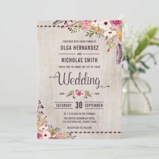 Rustic Wood Floral Wedding Invitation Boho Party Kaart (Staand voorkant)