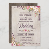 Rustic Wood Floral Wedding Invitation Boho Party Kaart (Voorkant / Achterkant)