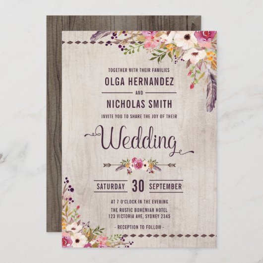 Rustic Wood Floral Wedding Invitation Boho Party Kaart (Voorkant / Achterkant)