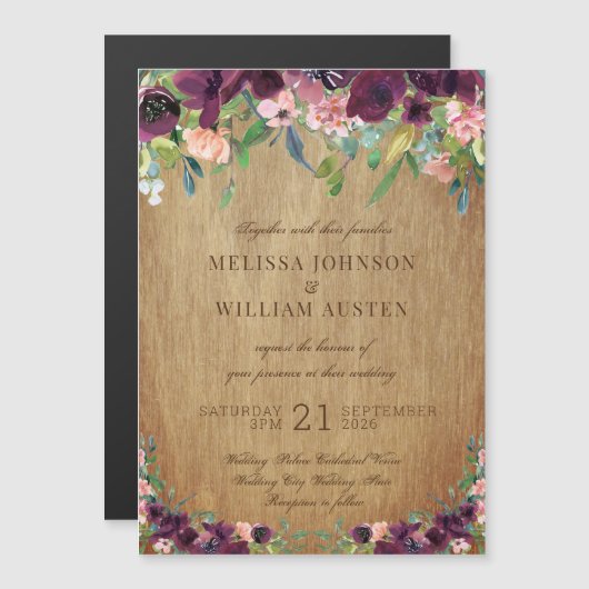 Rustic Wood Floral Wedding Invitation Magnetische Uitnodiging (Voorkant / Achterkant)