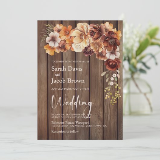 Rustic Wood Floral Wedding Kaart (Staand voorkant)