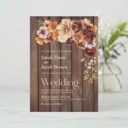 Rustic Wood Floral Wedding Kaart (Staand voorkant)