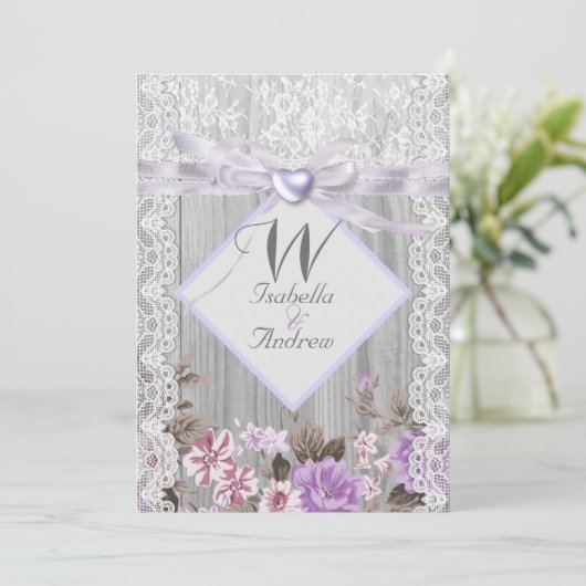 Rustic Wood Floral Wedding Lavender Lace Kaart (Staand voorkant)