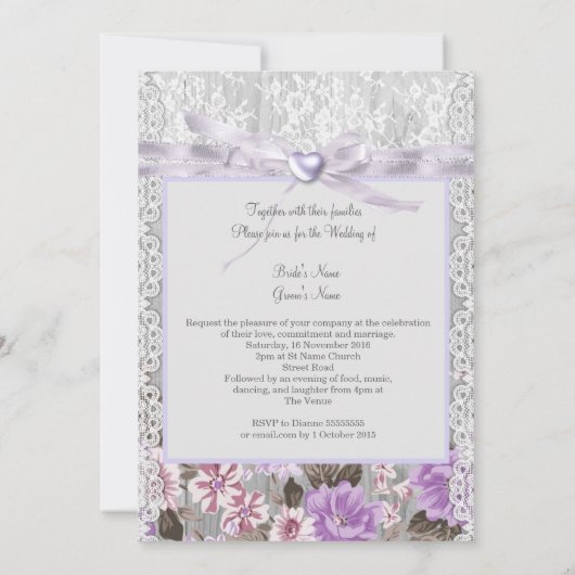 Rustic Wood Floral Wedding Lavender Lace Kaart (Achterkant)