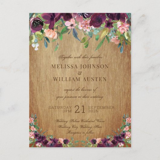 Rustic Wood Floral Wedding Uitnodiging Briefkaart (Voorkant)