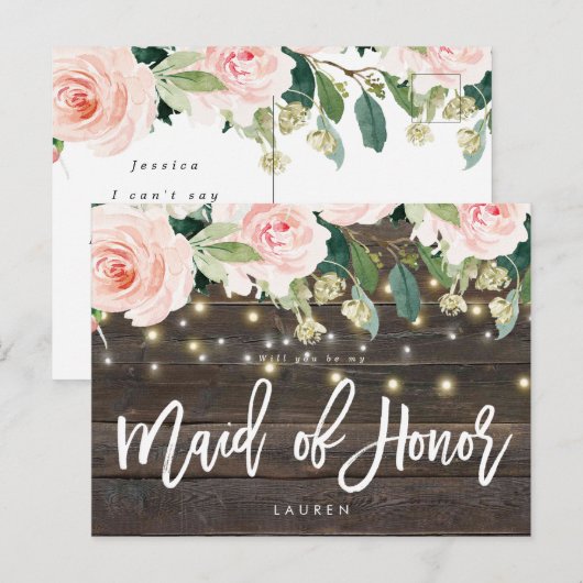 rustic wood floral will you be my maid of eru aankondigingskaart (Voorkant / Achterkant)