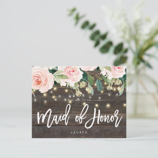 rustic wood floral will you be my maid of eru aankondigingskaart (Staand voorkant)