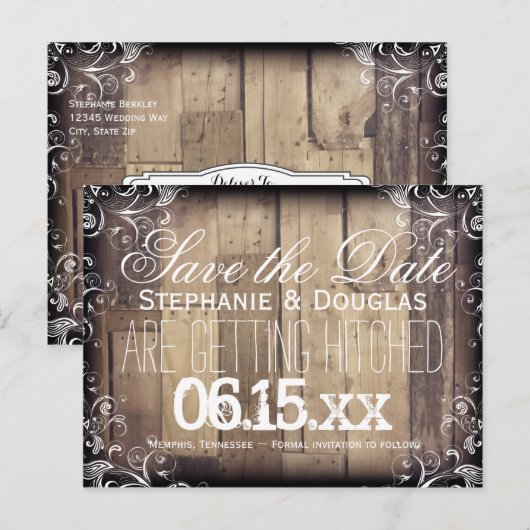 Rustic Wood Flourish Save the Date Briefkaarten (Voorkant / Achterkant)
