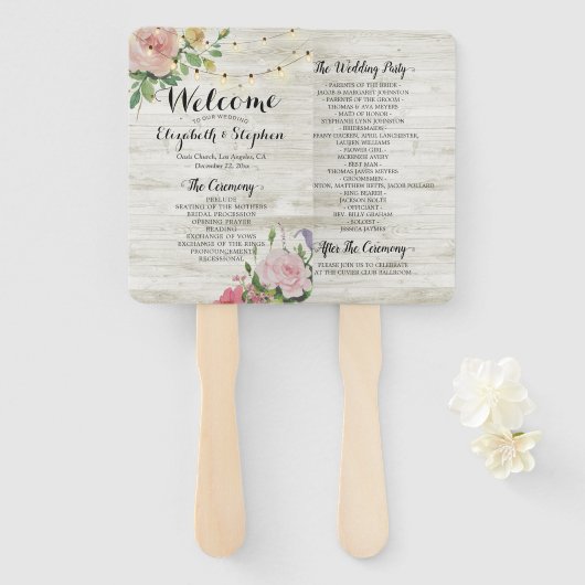 Rustic Wood Flowers String Lights Wedding Programs Handwaaier (Voorkant en achterkant)