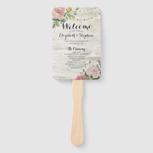 Rustic Wood Flowers String Lights Wedding Programs Handwaaier (Voorkant)