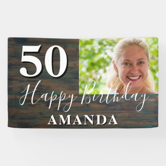 Rustic Wood Foto 50th Birthday Party Banner (Horizontaal)