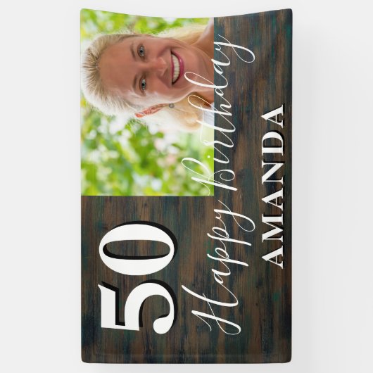 Rustic Wood Foto 50th Birthday Party Banner (Verticaal)