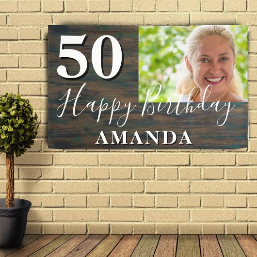 Rustic Wood Foto 50th Birthday Party Banner