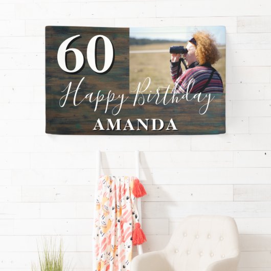 Rustic Wood Foto 60th Birthday Party Banner (Insitu)