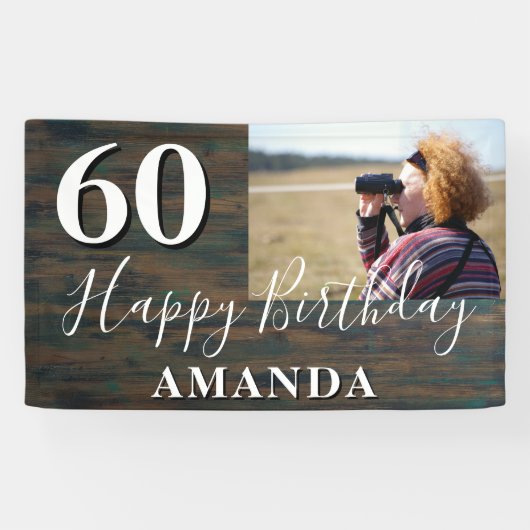Rustic Wood Foto 60th Birthday Party Banner (Horizontaal)