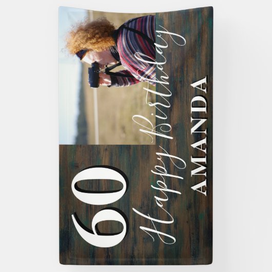 Rustic Wood Foto 60th Birthday Party Banner (Verticaal)