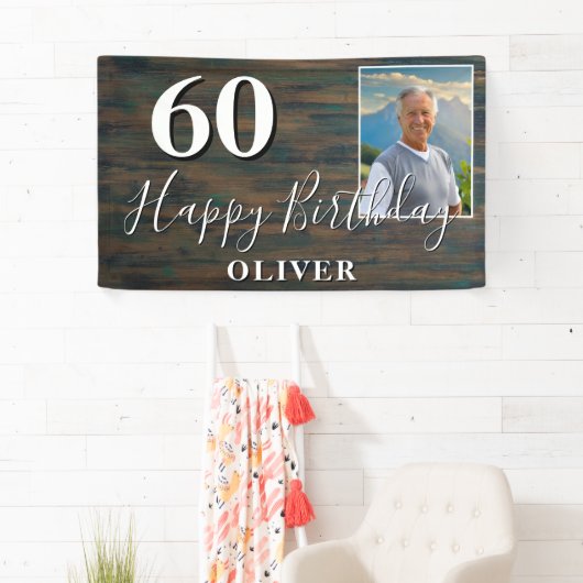 Rustic Wood Foto 60th Birthday Party Banner (Insitu)
