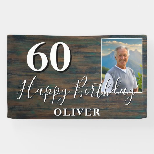 Rustic Wood Foto 60th Birthday Party Banner (Horizontaal)