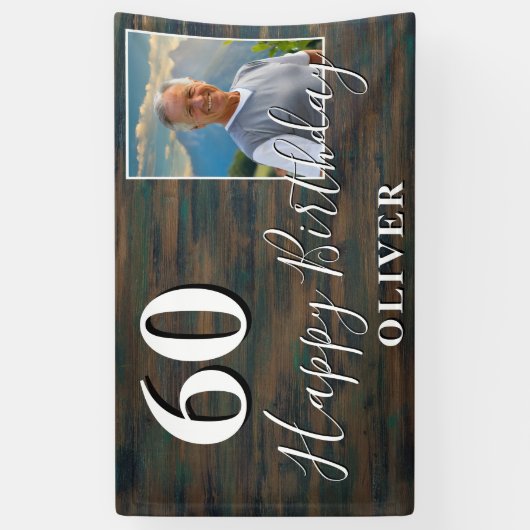 Rustic Wood Foto 60th Birthday Party Banner (Verticaal)