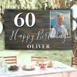 Rustic Wood Foto 60th Birthday Party Banner<br><div class="desc">Rustieke Houten Foto 60e Verjaardagsfeestbanner. Geweldig teken voor het 60e verjaardagsfeest met een aangepaste foto,  tekst in trendy script met een naam. De achtergrond is donker hout textuur en de tekst is in witte kleur. Personaliseer de banner met je foto,  jouw naam en leeftijd en maak je eigen verjaardagsfeestbanner.</div>