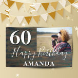 Rustic Wood Foto 60th Birthday Party Banner<br><div class="desc">Rustieke Houten Foto 60e Verjaardagsfeestbanner. Geweldig teken voor het 60e verjaardagsfeest met een aangepaste foto,  tekst in trendy script met een naam. De achtergrond is donker hout textuur en de tekst is in witte kleur. Personaliseer de banner met je foto,  jouw naam en leeftijd en maak je eigen verjaardagsfeestbanner.</div>