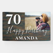Rustic Wood Foto 70th Birthday Party Spandoek (Horizontaal)