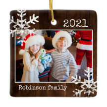 Rustic Wood Foto Border White Snowflakes Holiday