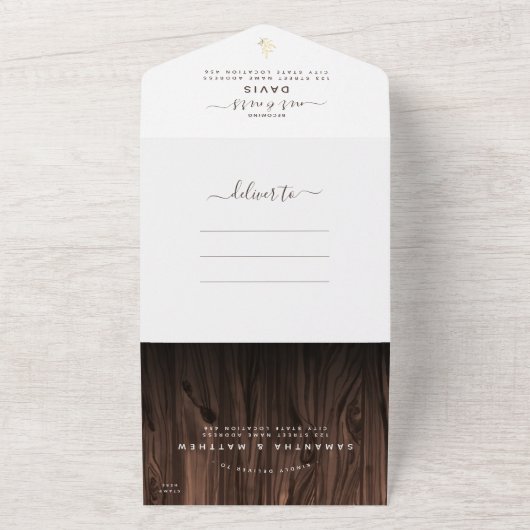 Rustic Wood Foto buitenshuis bruiloft All In One Uitnodiging (Buitenkant)