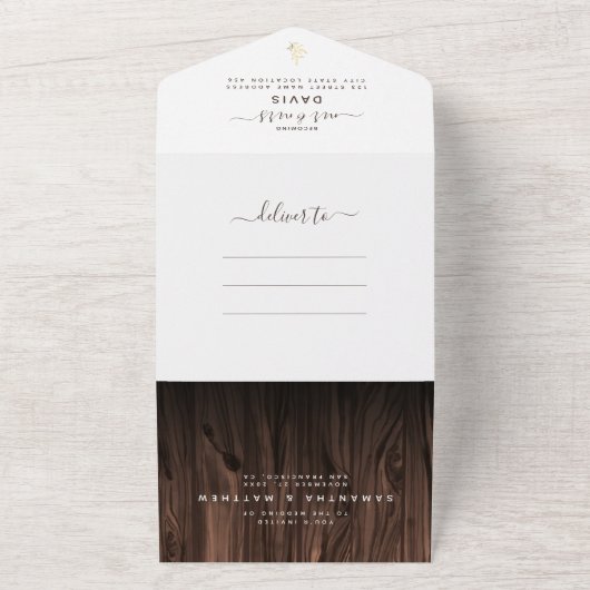 Rustic Wood Foto buitenshuis bruiloft QR Code RSVP All In One Uitnodiging (Buitenkant)