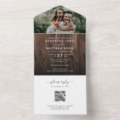 Rustic Wood Foto buitenshuis bruiloft QR Code RSVP All In One Uitnodiging (Binnen)