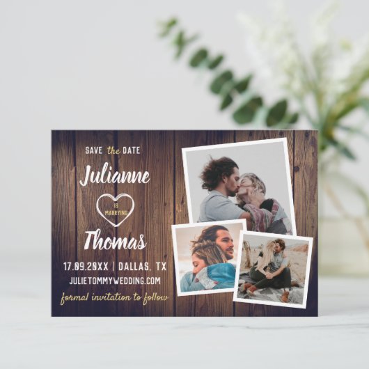 Rustic Wood Foto Collage Elegant Wedding Save The Date (Staand voorkant)