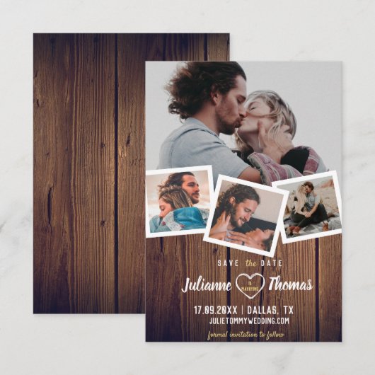 Rustic Wood Foto collage Elegant Wedding Save the Save The Date (Voorkant / Achterkant)