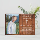 Rustic Wood Foto eerste Heilige Communie Kaart (Staand voorkant)