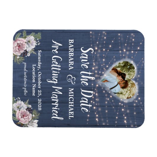 Rustic Wood Foto Floral Wedding Save the Date Magneet (Horizontaal)