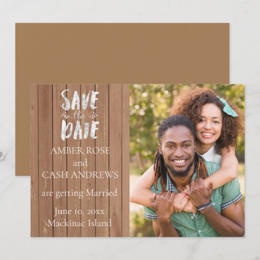 Rustic Wood Foto slaat de datum op Save The Date (Voorkant / Achterkant)