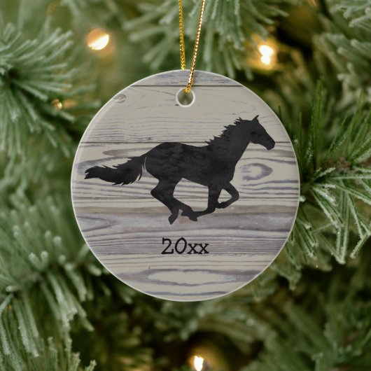 Rustic Wood Galloping Horse Waterverf Silhouette Keramisch Ornament (Boom)