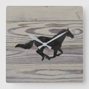 Rustic Wood Galloping Horse Waterverf Silhouette Vierkante Klok