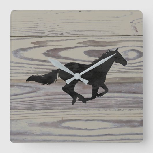 Rustic Wood Galloping Horse Waterverf Silhouette Vierkante Klok (Voorkant)