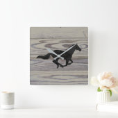 Rustic Wood Galloping Horse Waterverf Silhouette Vierkante Klok (Huis)