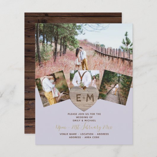 Rustic Wood gegraveerd Heart PHOTO COLLAGE Invitat (Voorkant / Achterkant)