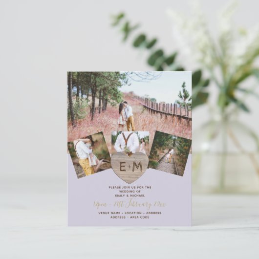 Rustic Wood gegraveerd Heart PHOTO COLLAGE Invitat (Staand voorkant)