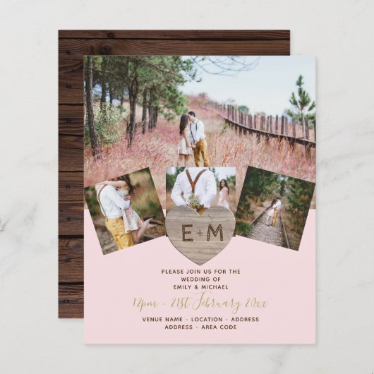 Rustic Wood gegraveerd Heart PHOTO COLLAGE Invitat (Voorkant / Achterkant)