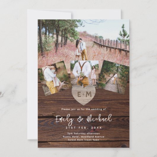 Rustic Wood gegraveerd Heart PHOTO COLLAGE WEDDING Kaart (Voorkant)