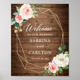 Rustic Wood Geometric Blush Floral Wedding Sign Poster