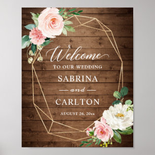 Rustic Wood Geometric Blush Floral Wedding Sign Poster