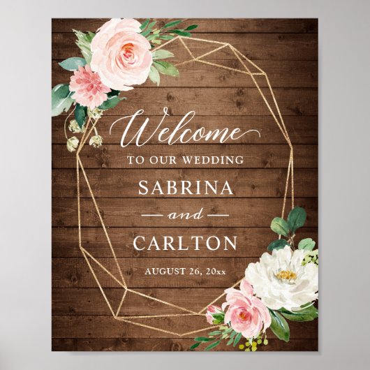 Rustic Wood Geometric Blush Floral Wedding Sign Poster (Voorkant)