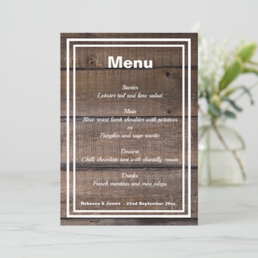 Rustic Wood Gepersonaliseerd Weddenschap Menu (Staand voorkant)