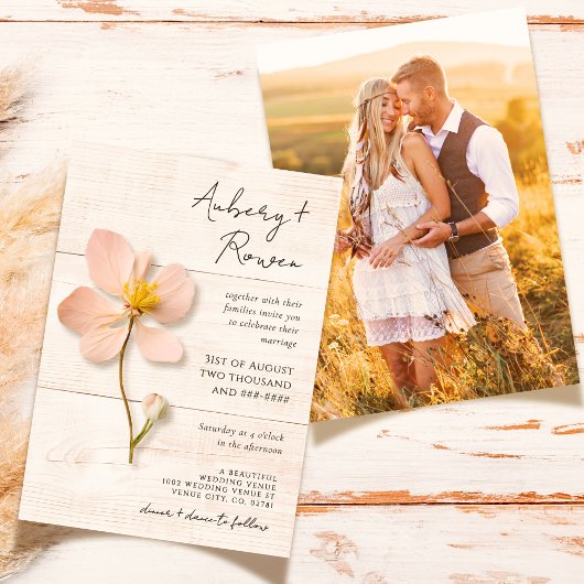Rustic Wood geperst Wildflower Boho Fotobruiloft Kaart