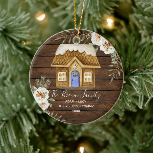 Rustic Wood Gingerbrood Familie Kersthuis Keramisch Ornament (Boom)