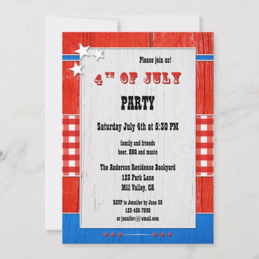 Rustic Wood Gingham 4 juli partijuitnodiging Kaart (Voorkant)
